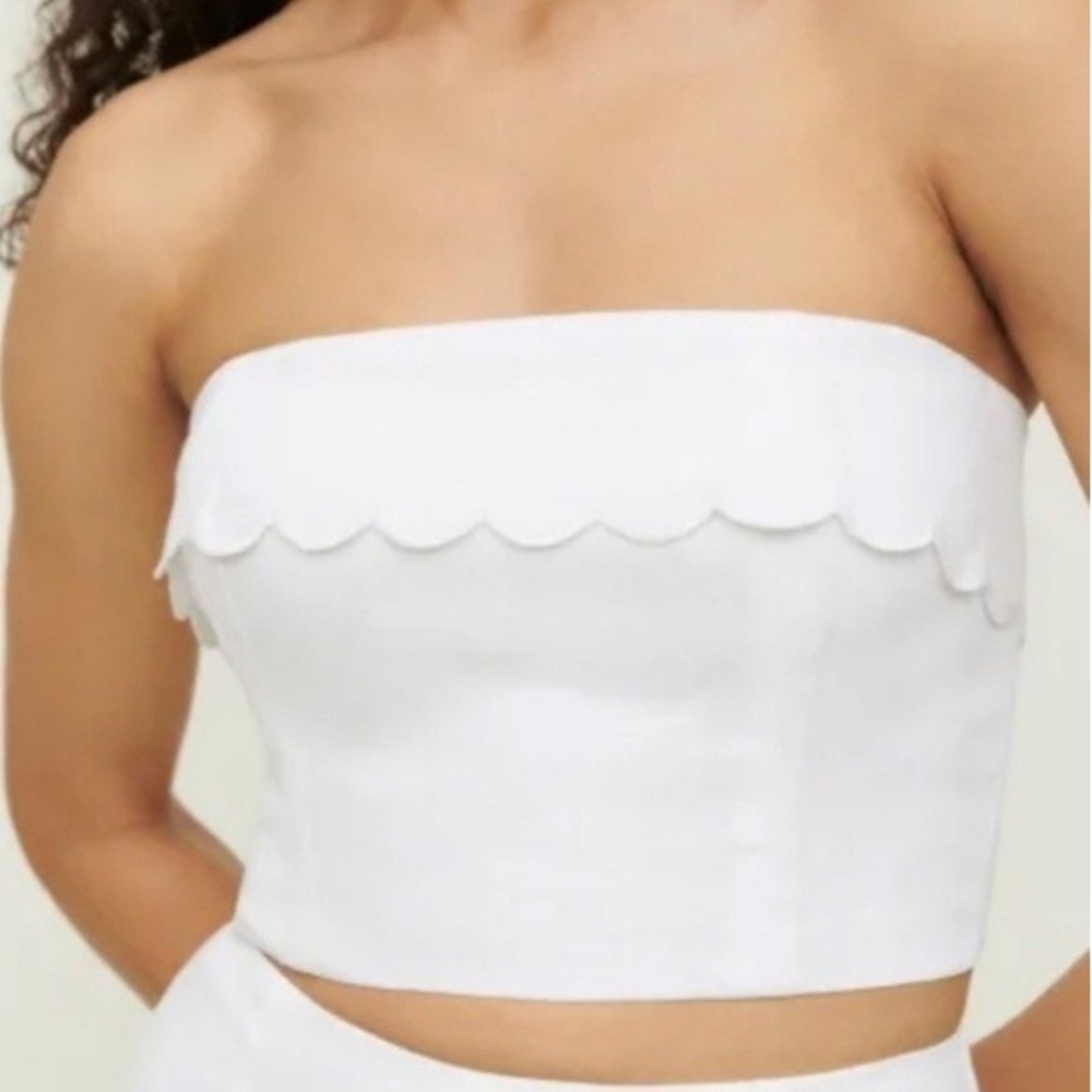 Reformation Lizzi Scalloped Strapless Tank White Linen Smocked Crop Top Size 4